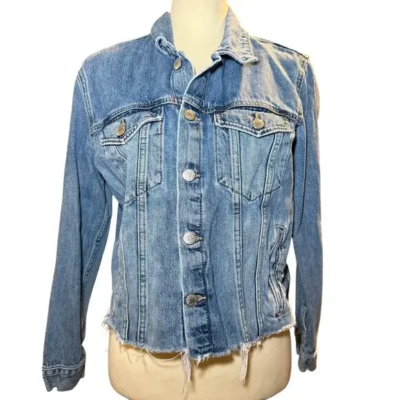 Lucky Brand Raw Hem Denim Trucker Jacket, Cotton Tencel Blend, Women's Large - Picture 3 of 9